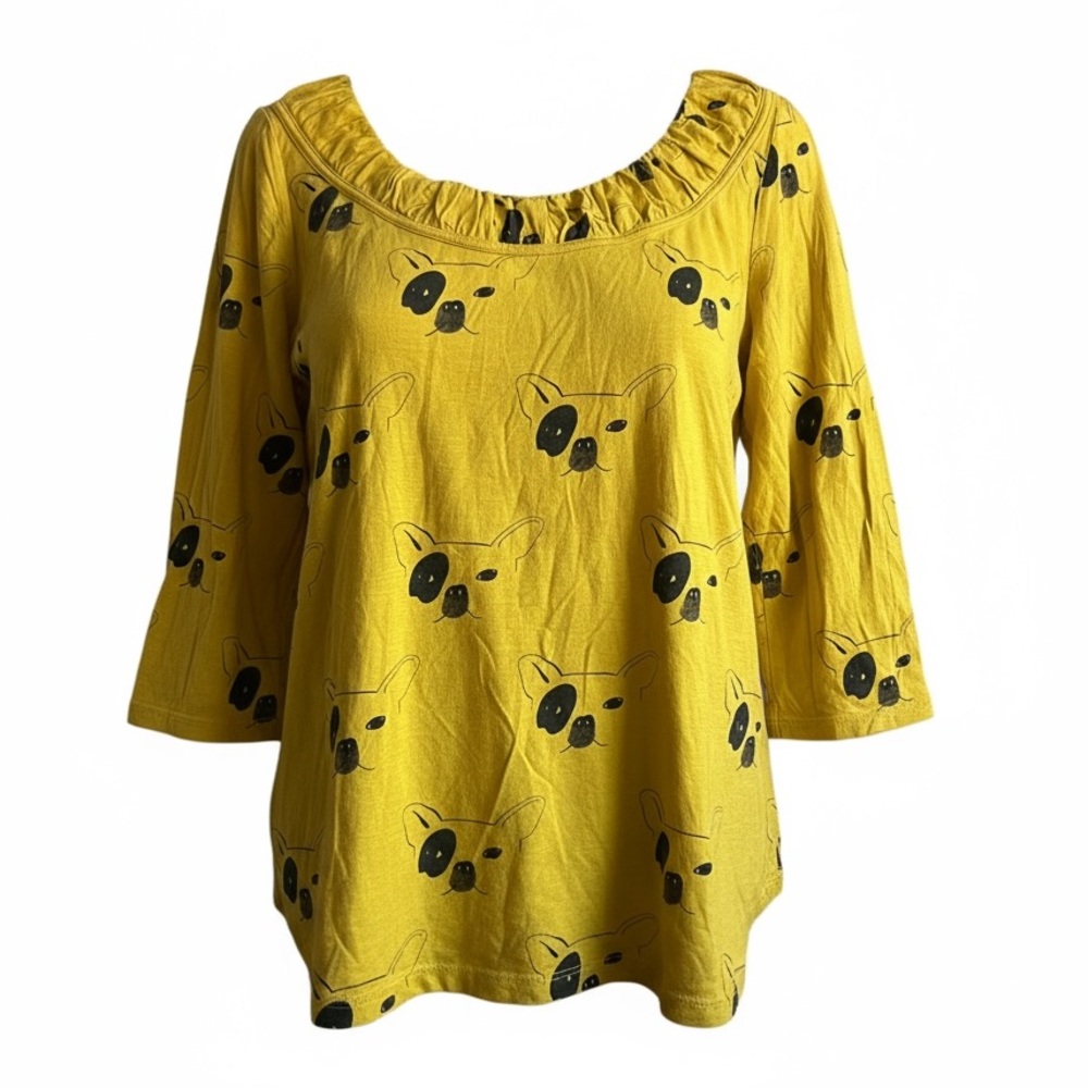 Postmark Anthropologie French Bulldog Mustard 3/4 Sleeve Top Medium